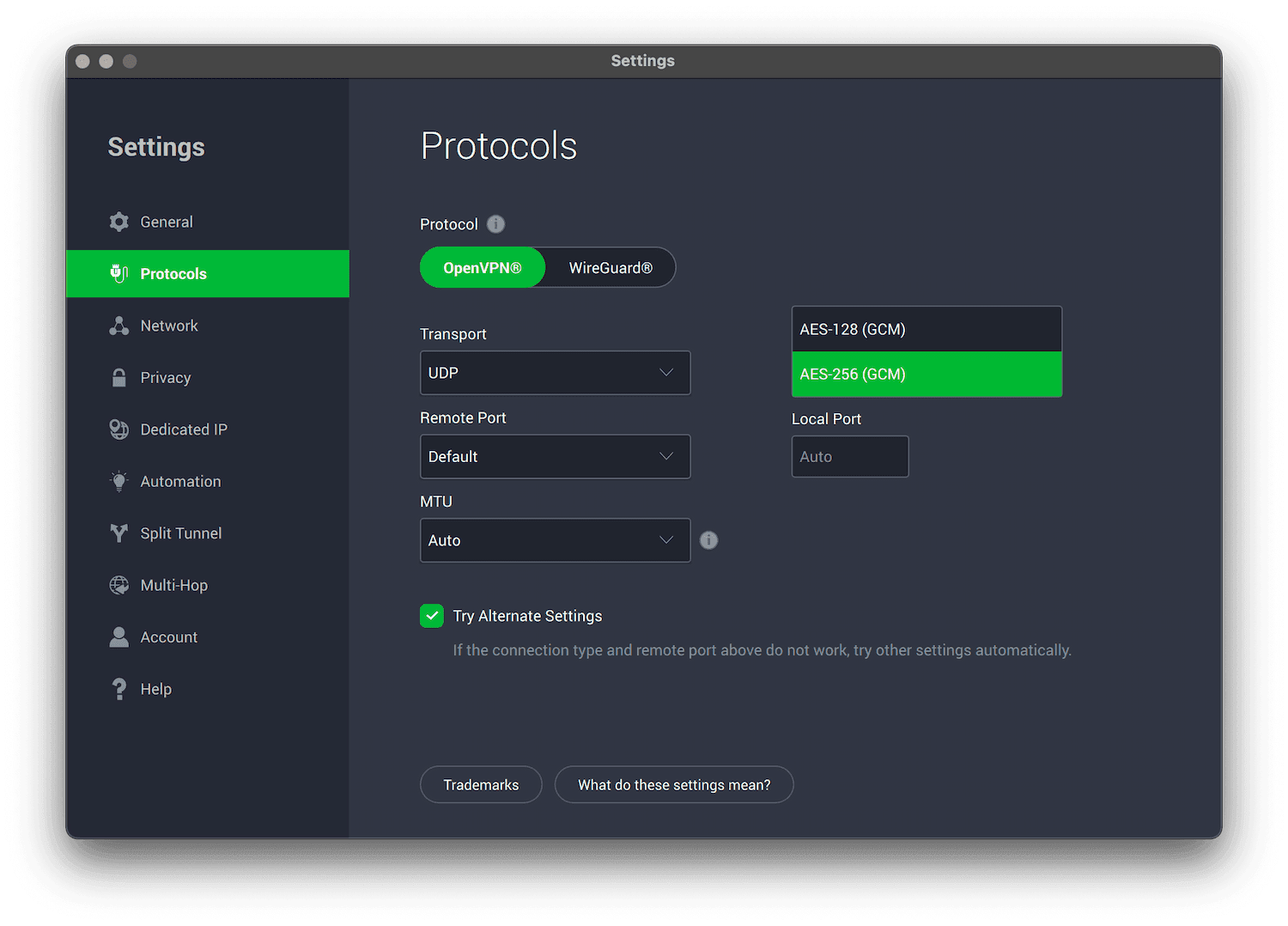 PIA settings page