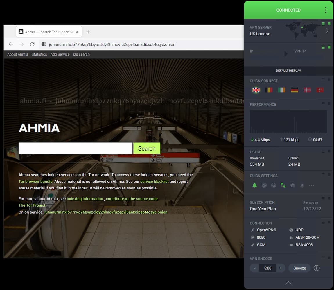 We used PIA and the Tor browser to access Ahmia.onion.