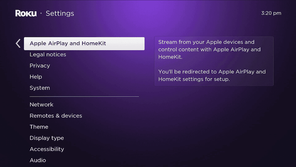 Apple AirPlay settings on Roku