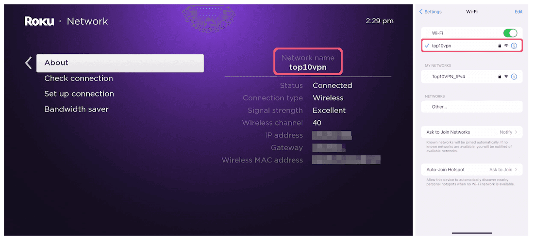 Roku and iOS devices connected to the same WiFi network