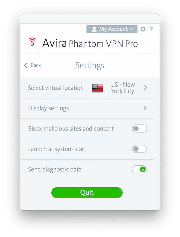 Avira Phantom Settings Menu