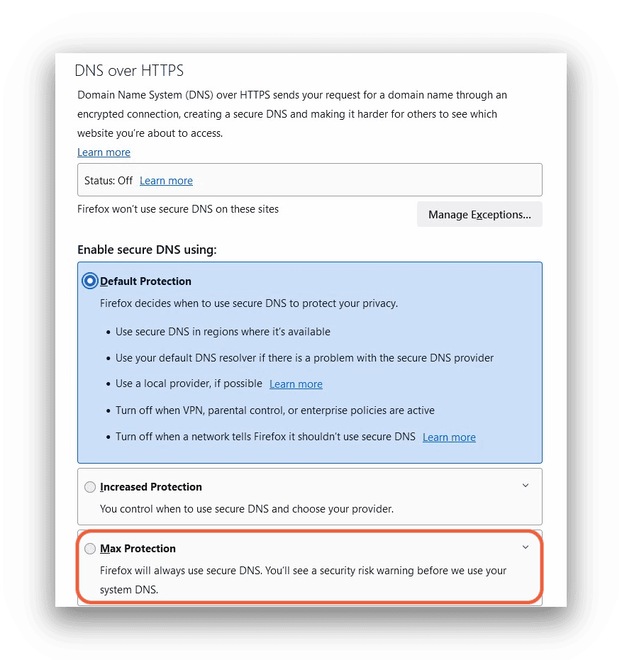 DNS over HTTPS settings on Firefox