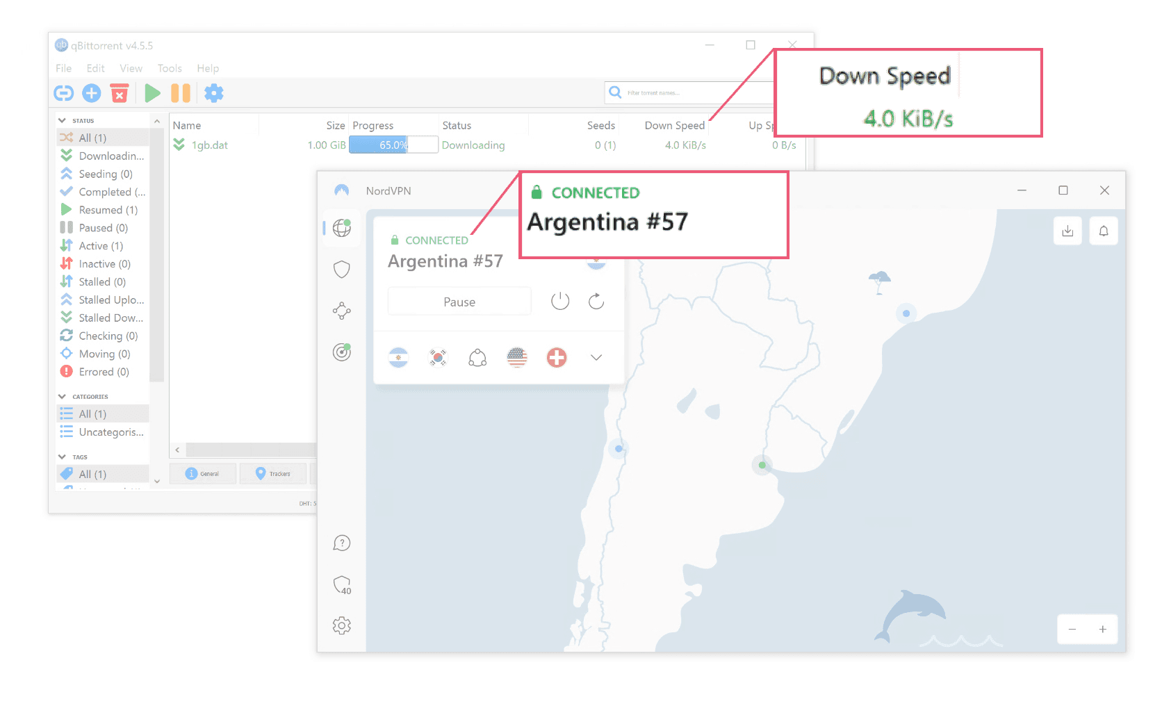 Magnified image of torrenting on a restricted NordVPN server