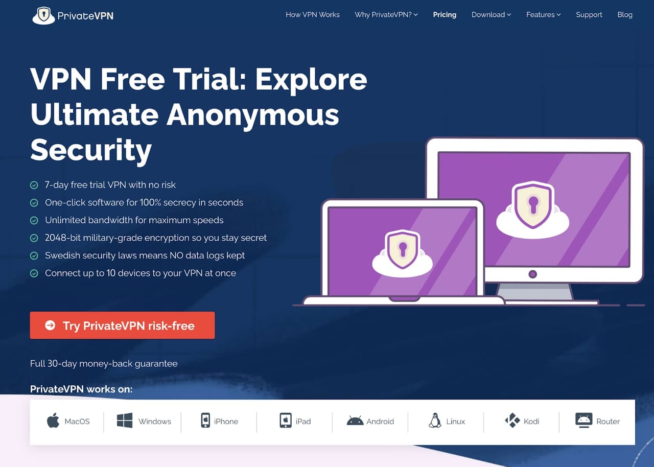 PrivateVPN's free trial page