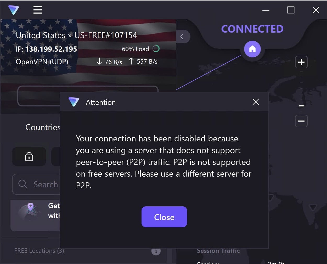 Proton VPN Free blokuje ruch P2P