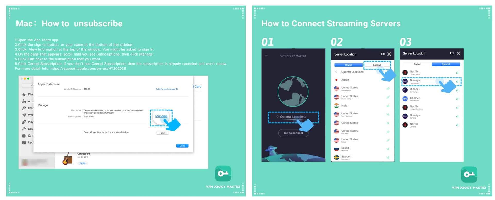 Screenshots of tutorial images provided by VPN Proxy Master.