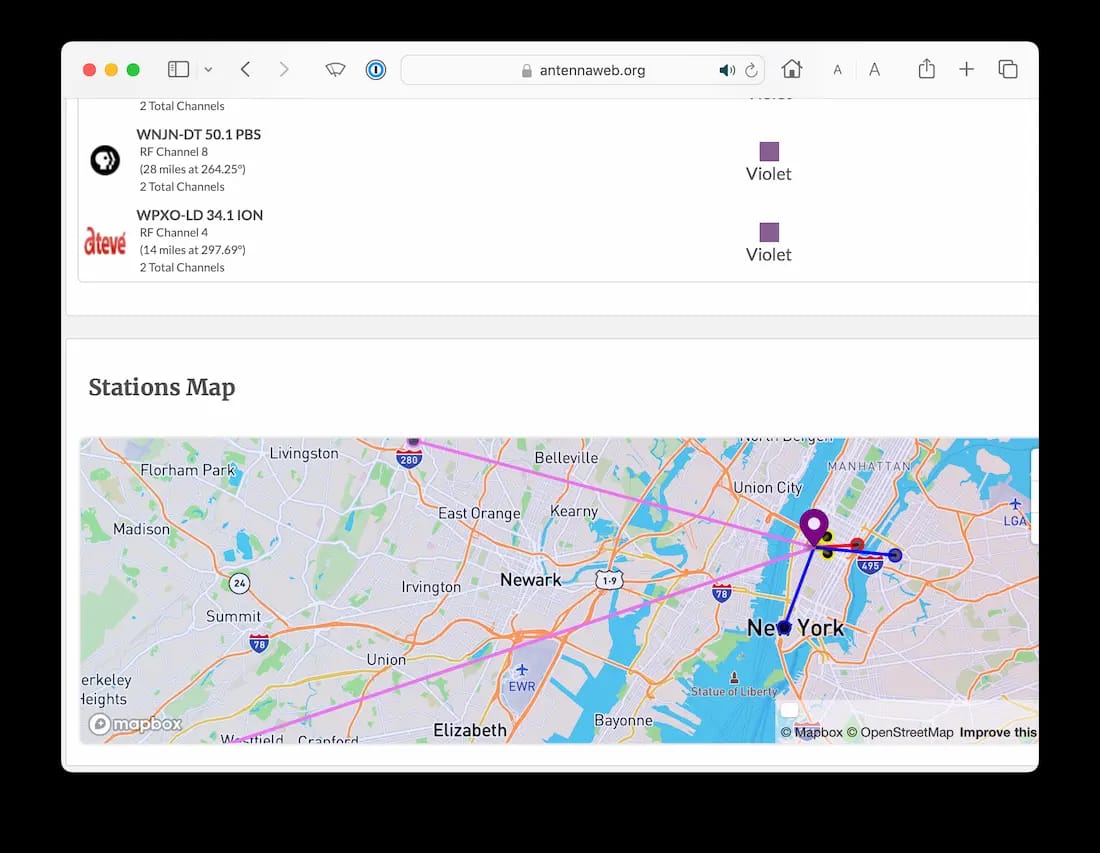 Webpage screenshot displaying a map from antennaweb.org with marked broadcast stations around New York.