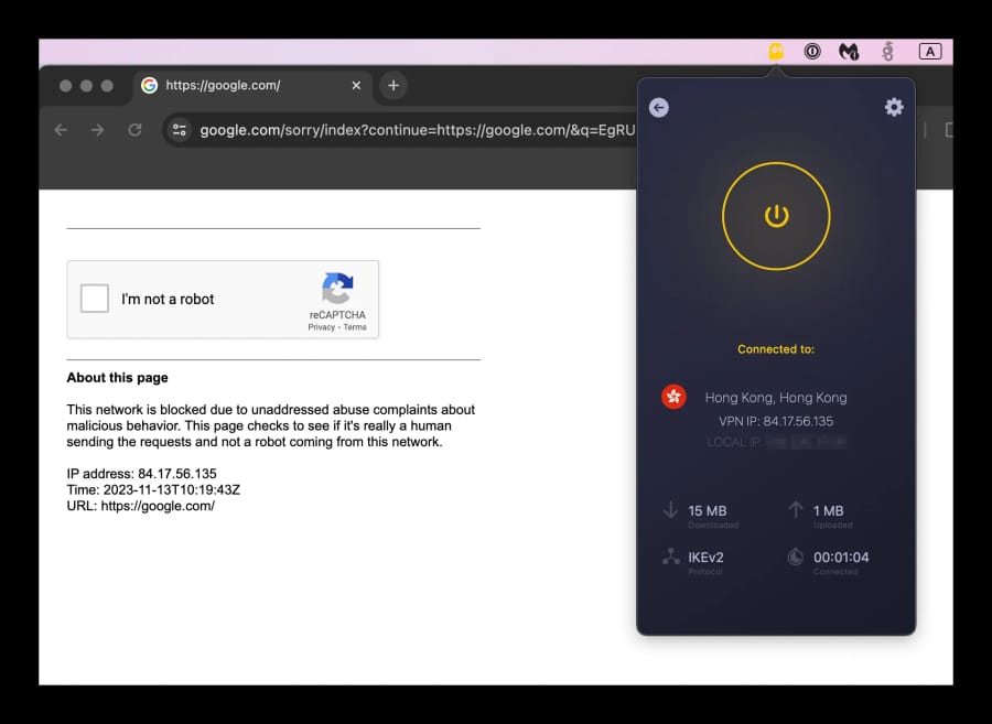 Connected to CyberGhost's Hong Kong server, we come across a CAPTCHA.
