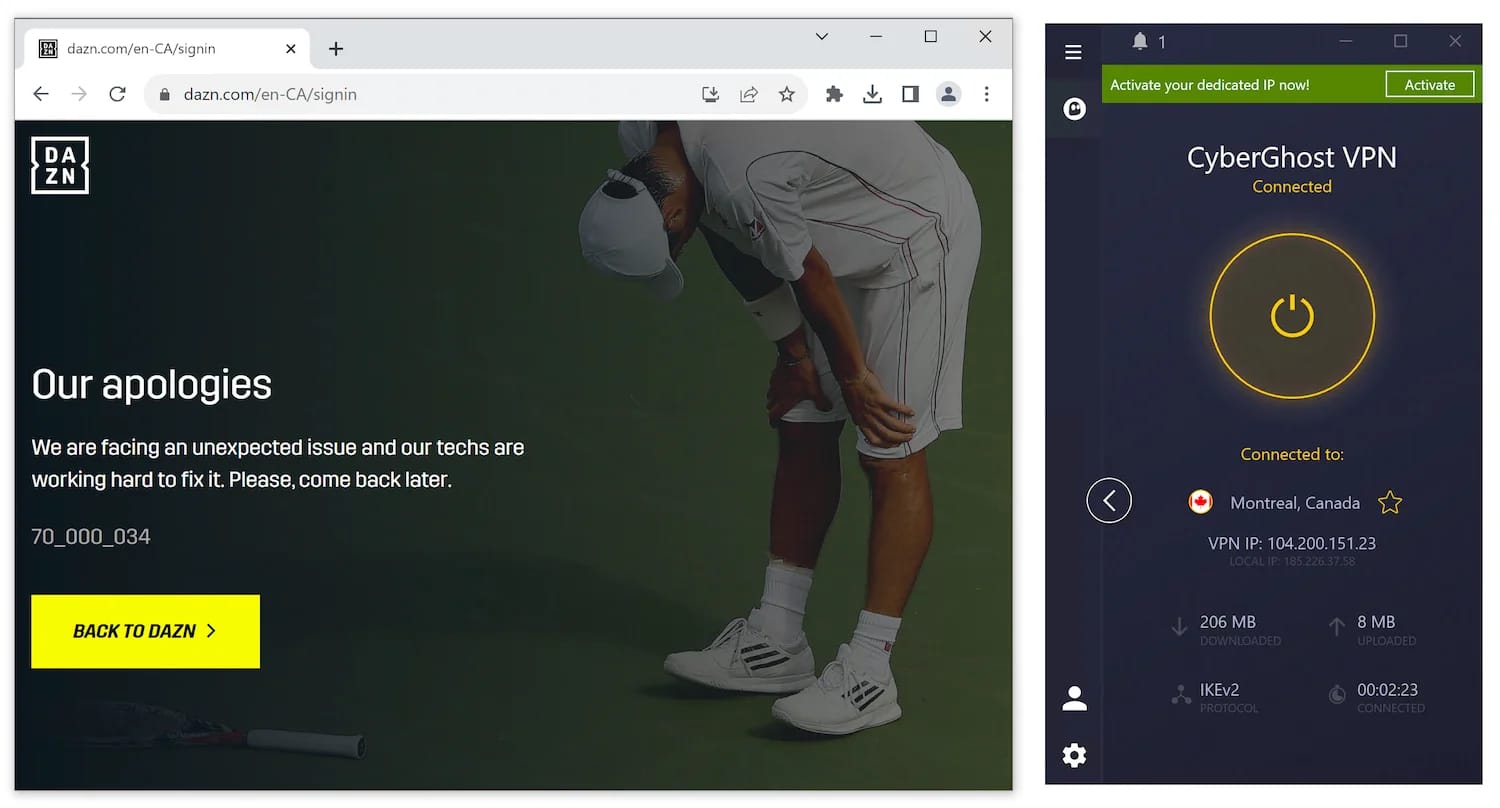 CyberGhost failing to access DAZN Canada.