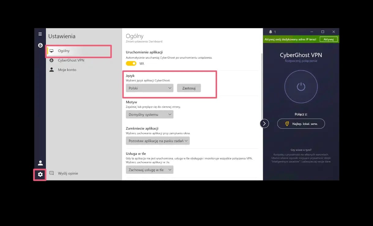 Zmiana języka aplikacji CyberGhost jest bardzo łatwa