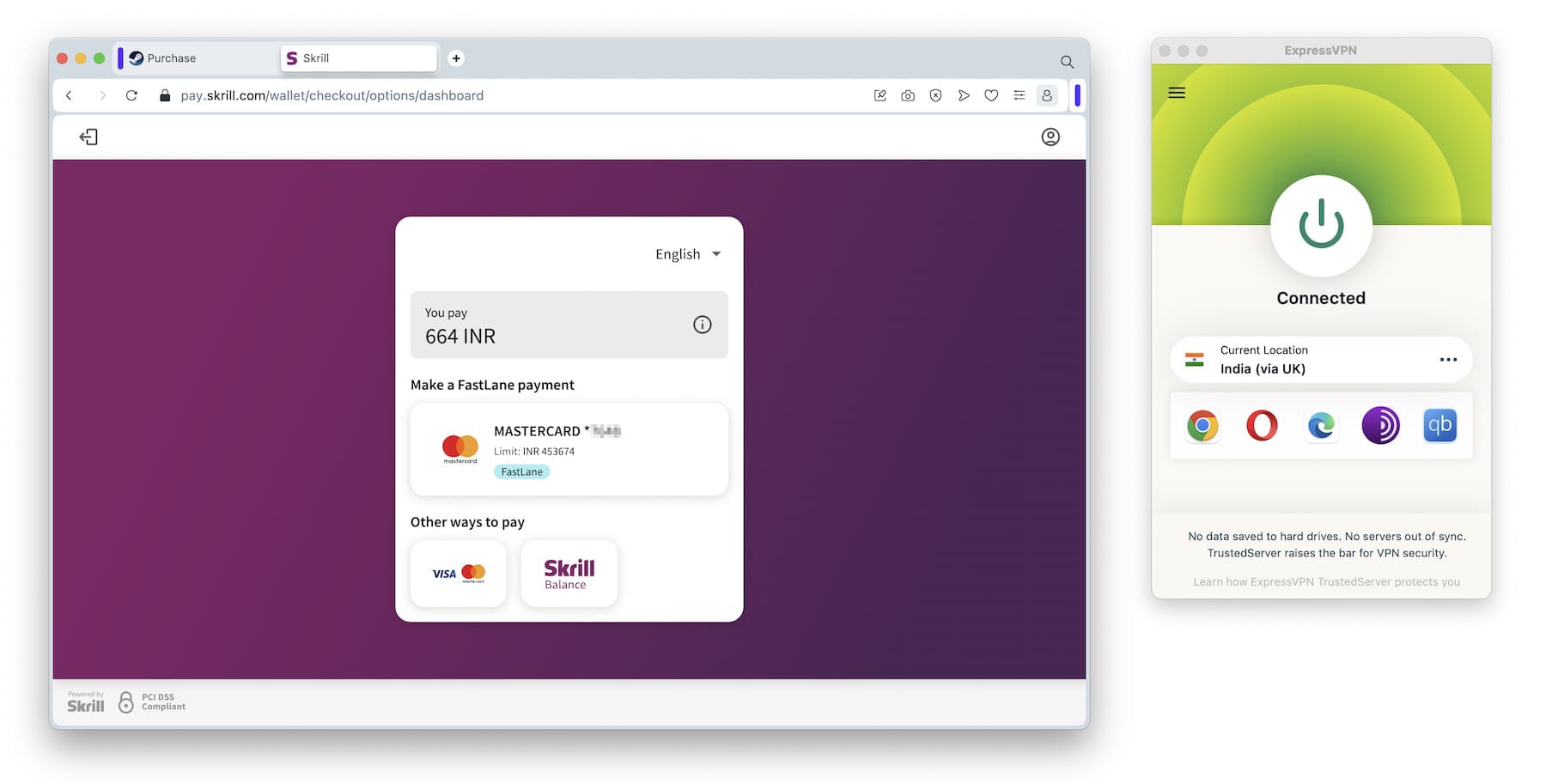 Skrill FastLane payment window in a browser with an Indian rupee payment sum pending.