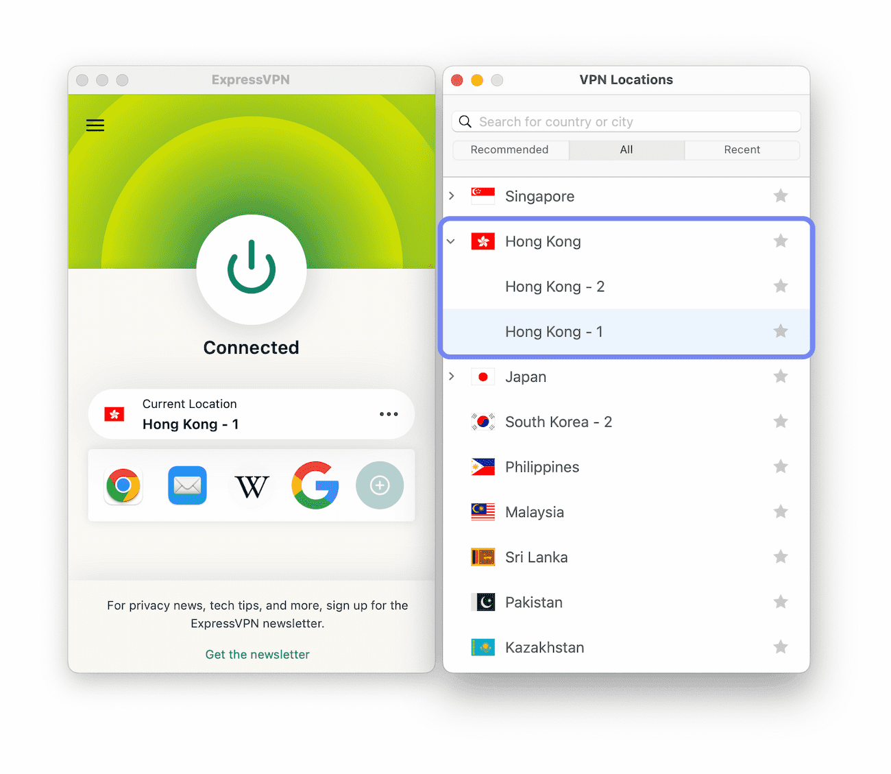 ExpressVPN's Hong Kong servers on macOS.