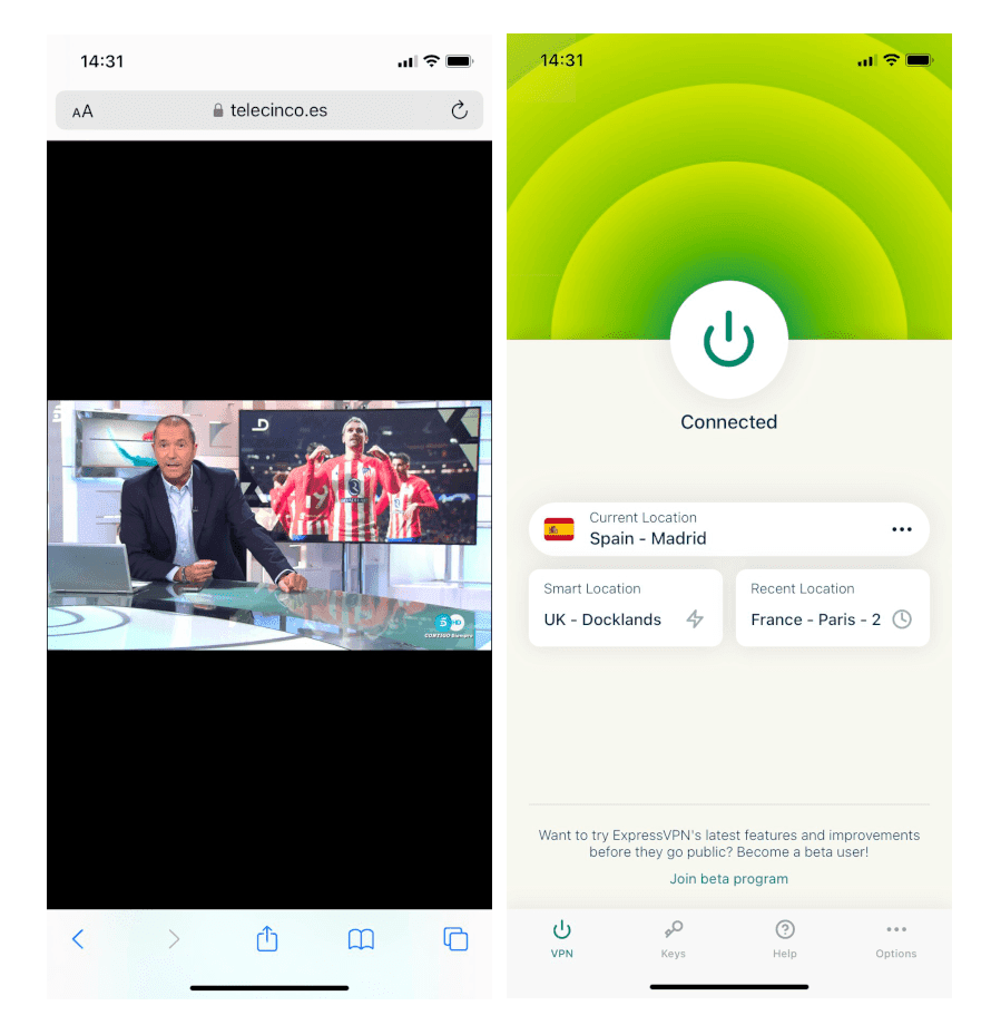 ExpressVPN desbloqueando Telecinco