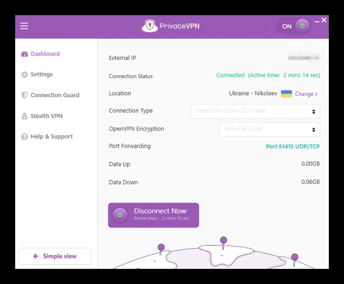 Connected to PrivateVPN’s Ukraine Server with Stealth VPN Enabled