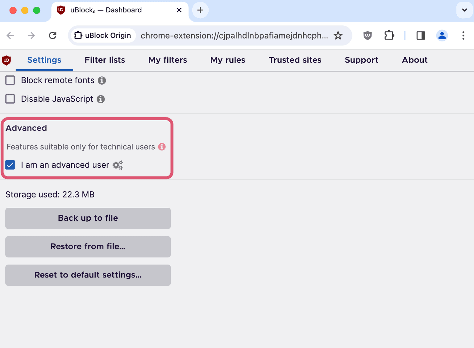 uBlock Origin's advanced settings