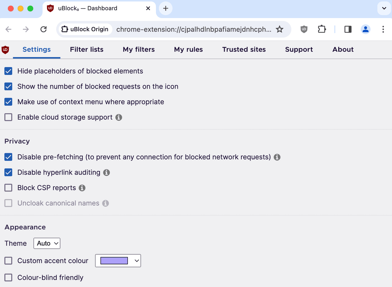 uBlock Origin's settings