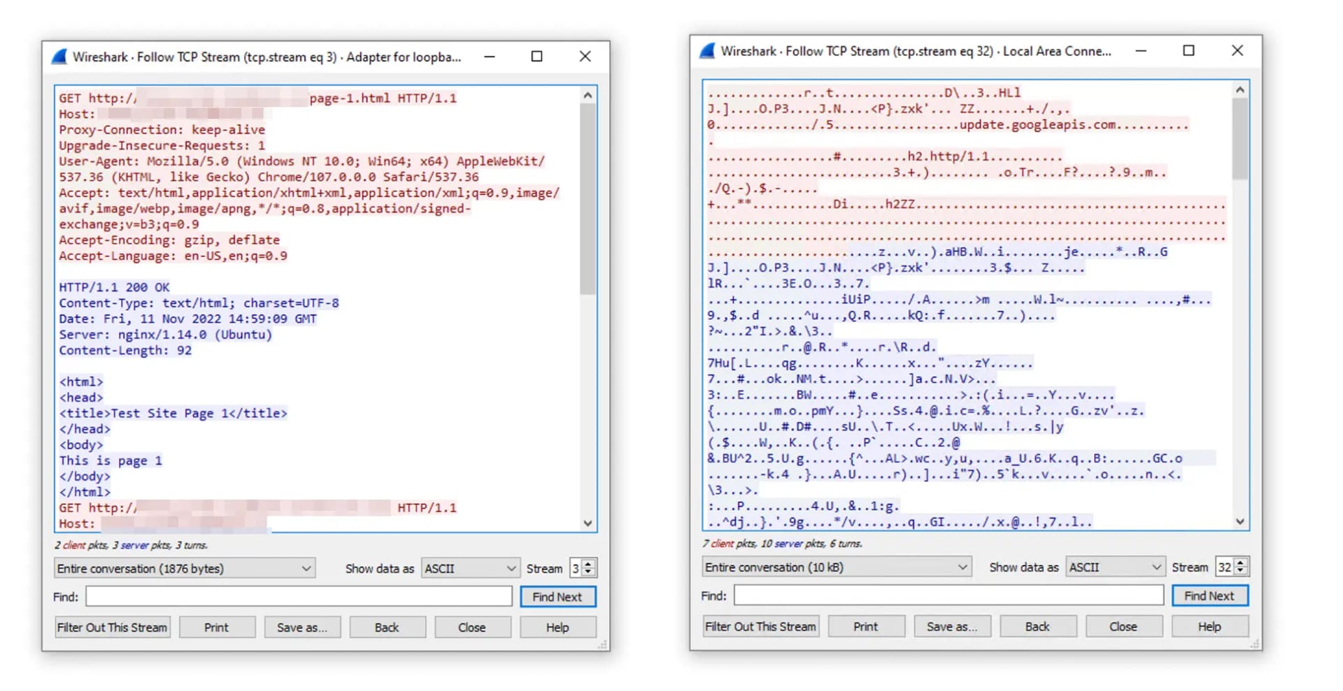 Wireshark tests with Psiphon proxy, which is not encrypted, and Psiphon VPN, which is encrypted.