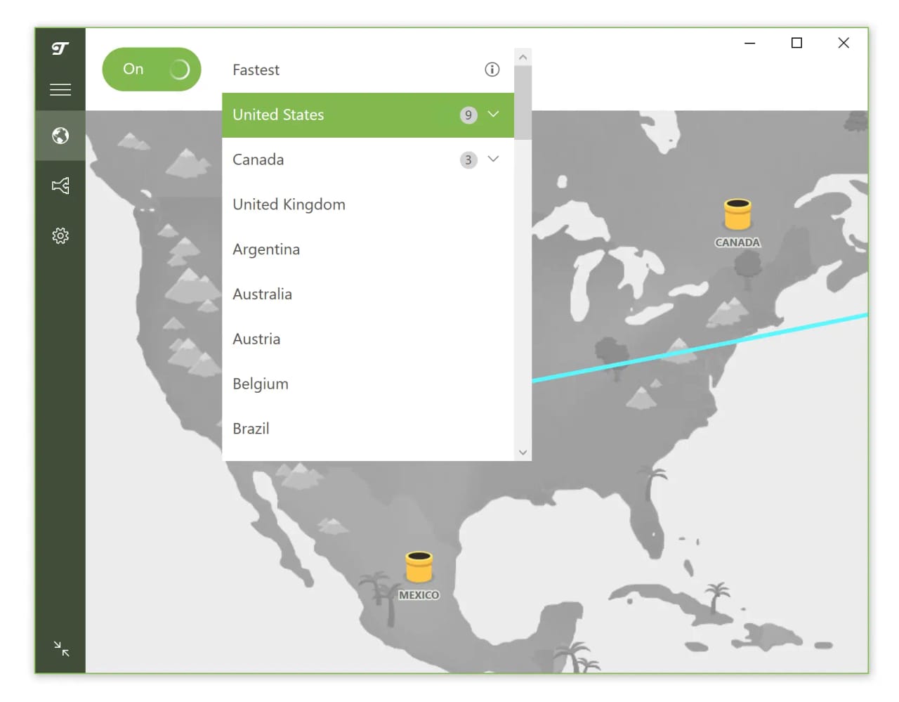 TunnelBear VPN's server menu