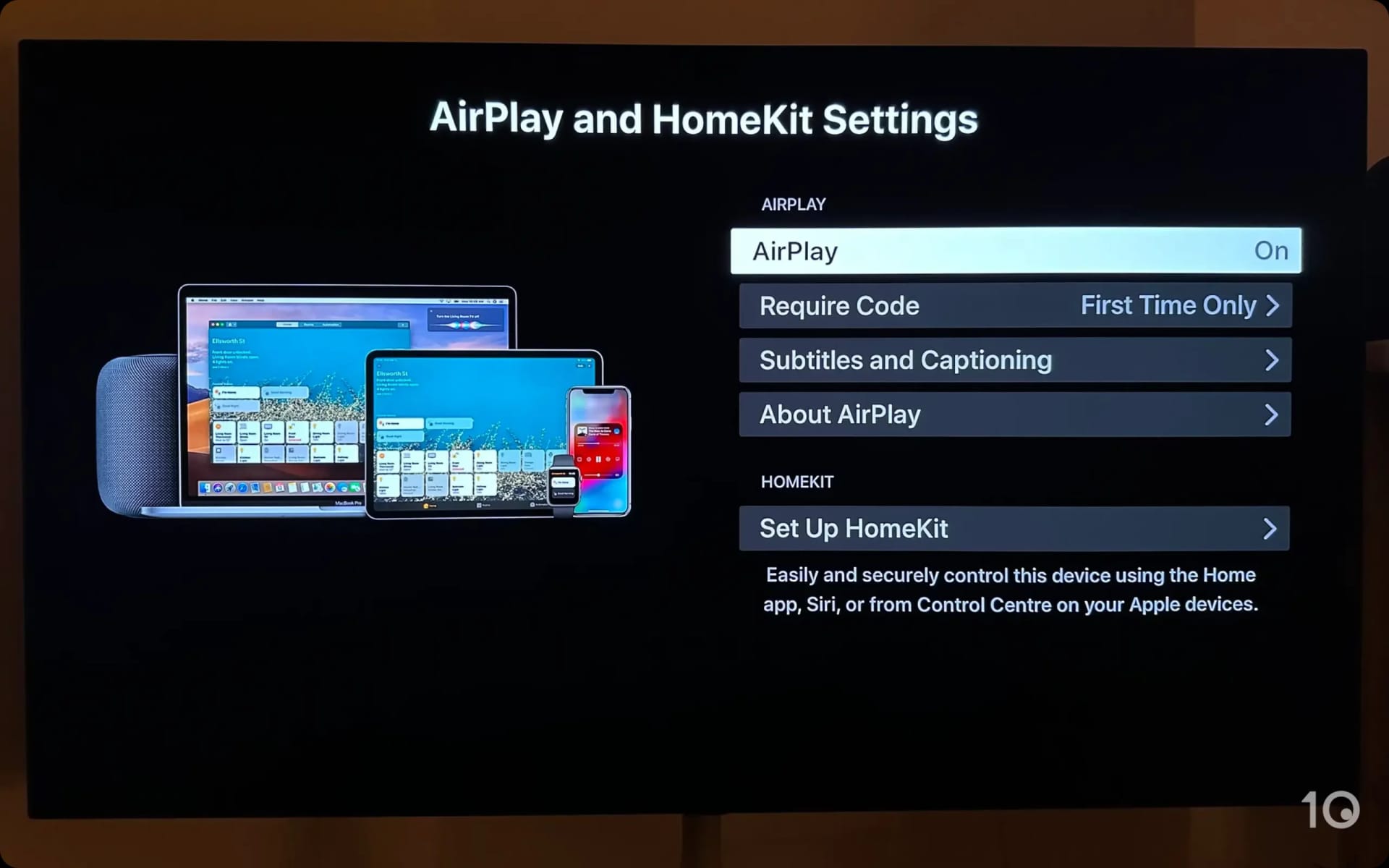 LG TV screen displaying AirPlay settings menu. AirPlay is turned on.