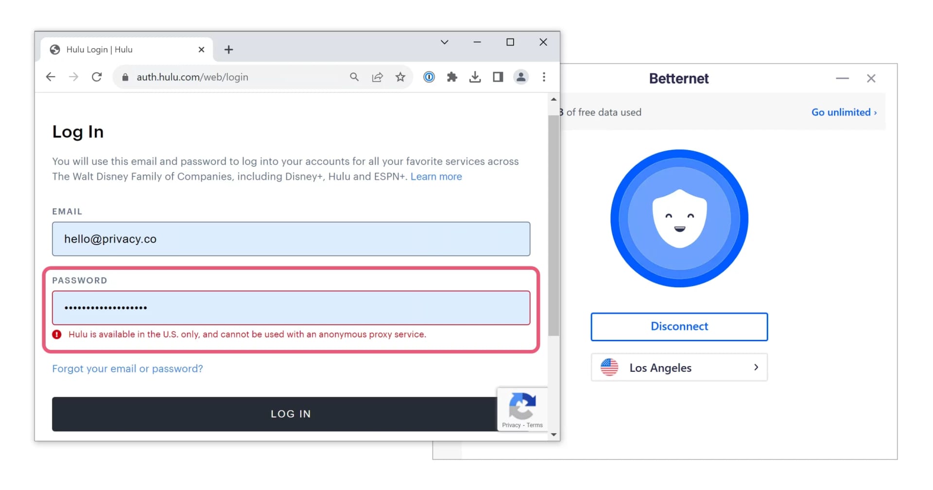 Hulu detecting our Betternet VPN connection