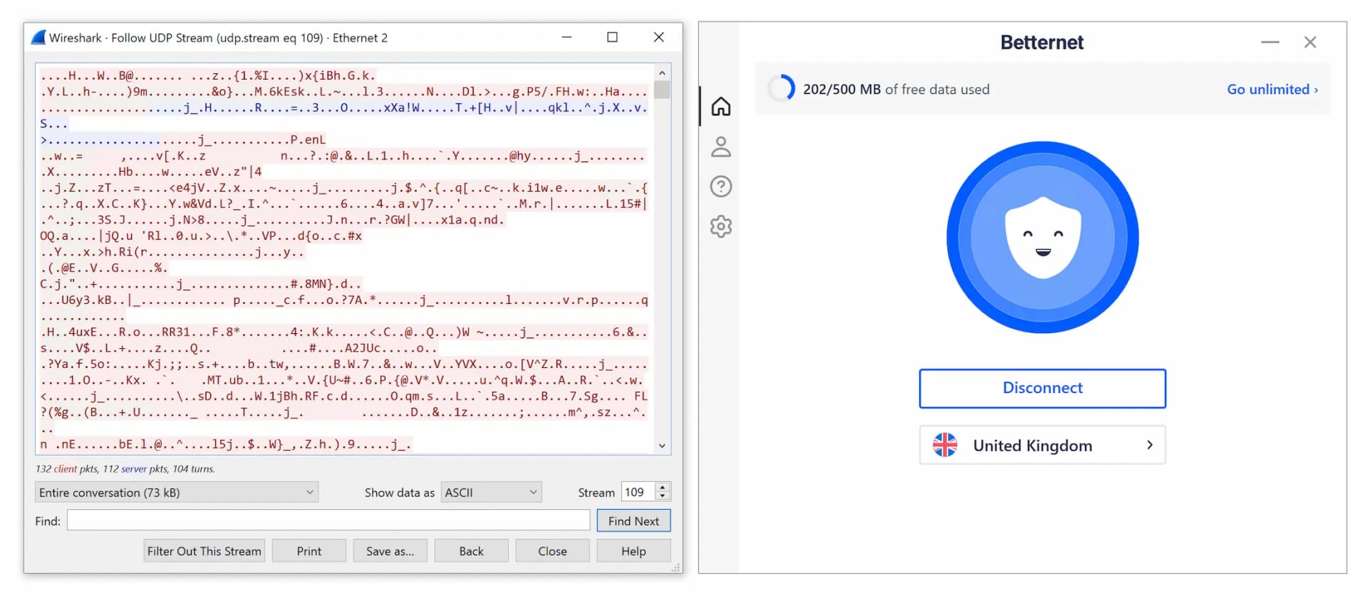 Testing Betternet's VPN encryption with Wireshark