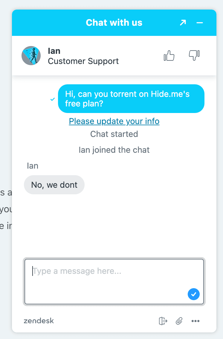 Contacting Hide.me's live chat about its torrenting policy