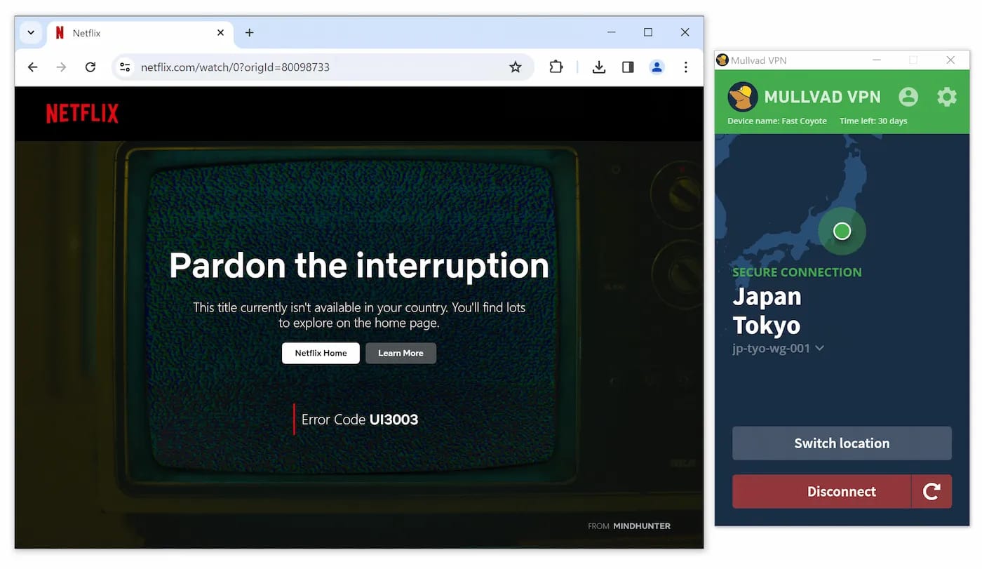 Mullvad VPN being detected and blocked from accessing Netflix.