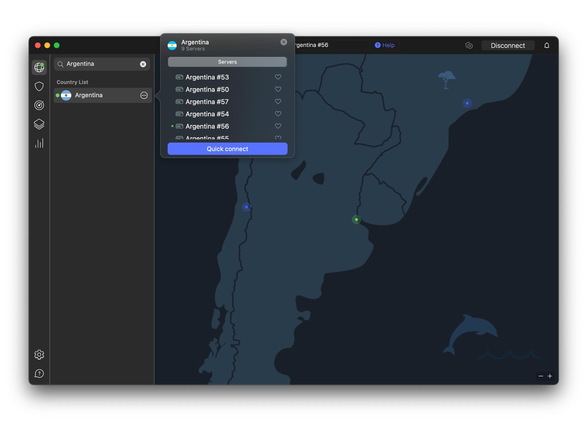 Server di NordVPN Argentina su macOS