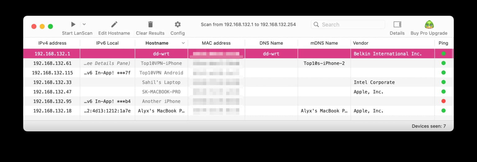 Screenshot of LanScan of the Top10VPN Office WiFi showing multiple devices.