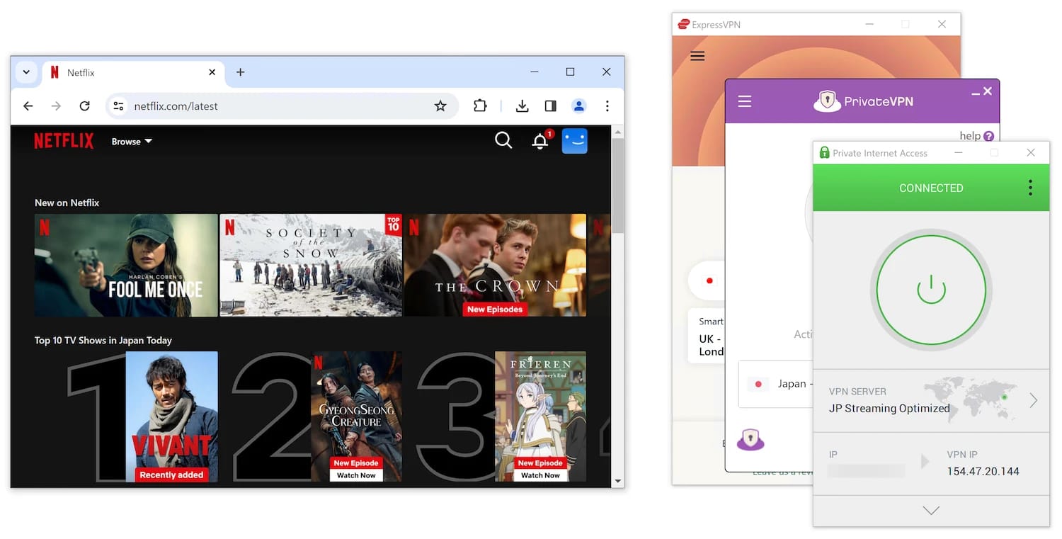 Netflix webbsida som visar innehåll från Japan-regionen och separata fönster för VPN-tjänster som ExpressVPN, PrivateVPN och Private Internet Access som indikerar en ansluten status till Japan.