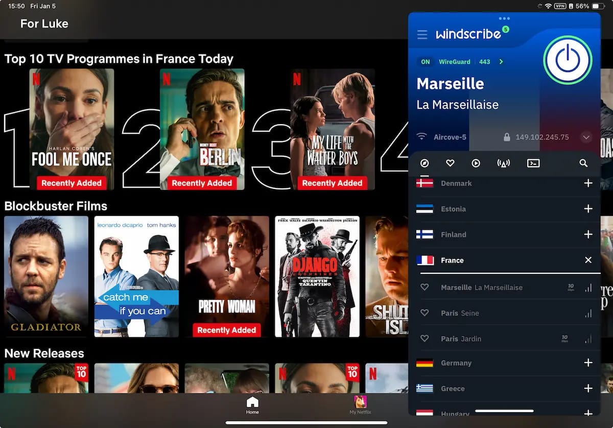 Netflix France sur un appareil iOS (iPad) tout en étant connecté à un serveur français de Windscribe.