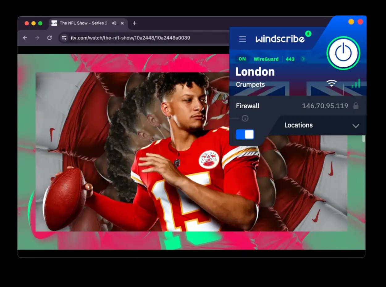 Watching the Super Bowl on ITVX using Windscribe Free.