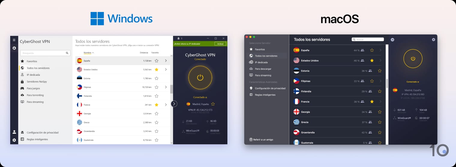 Las aplicaciones de CyberGhost para Windows y Mac