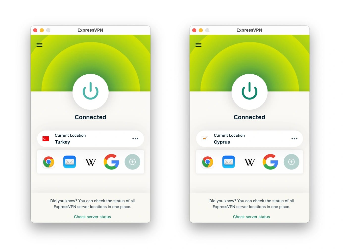 Okna ExpressVPN na macOS pokazujące połączenia z Turcją i Cyprem.