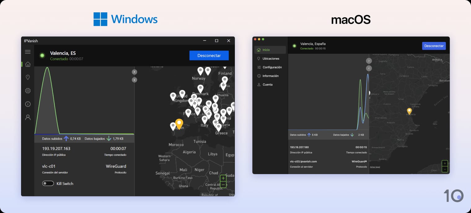 Las aplicaciones de IPVanish para Windows y Mac.