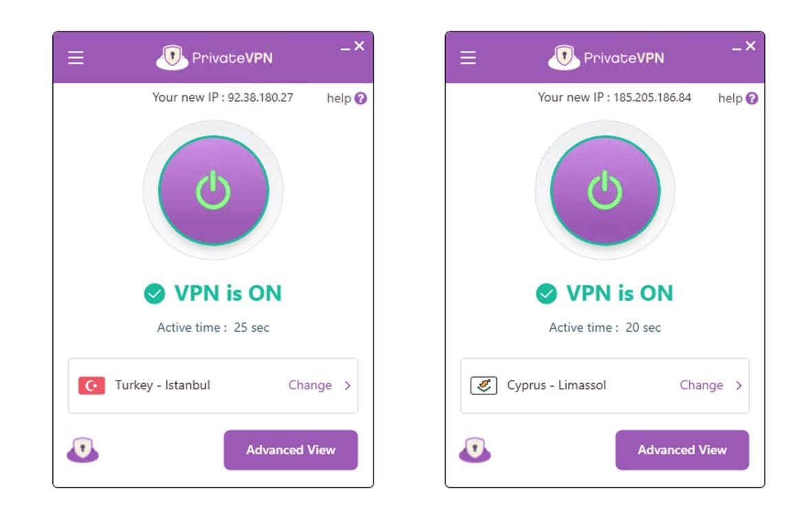 PrivateVPN połączony z serwerami w Turcji i na Cyprze.