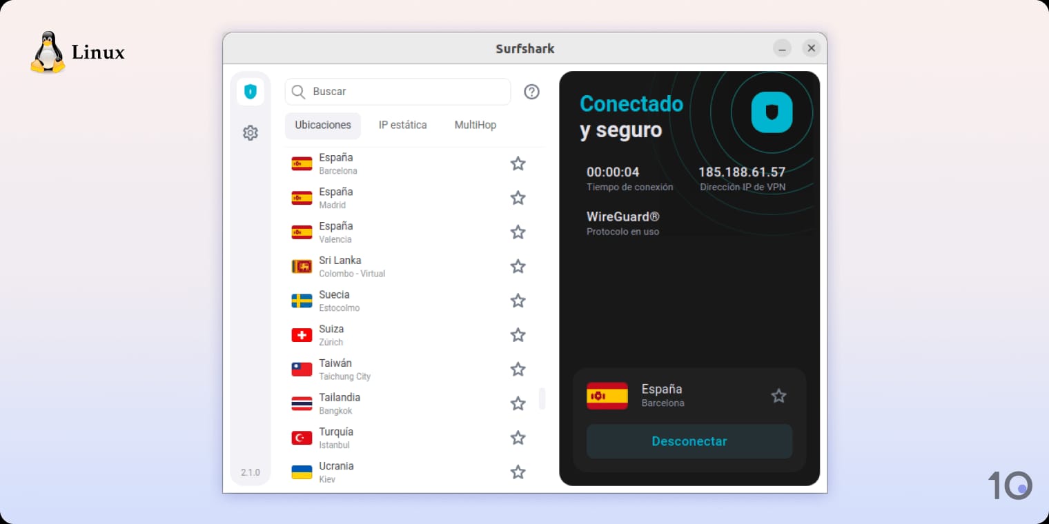 Aplicación de Surfshark para Linux