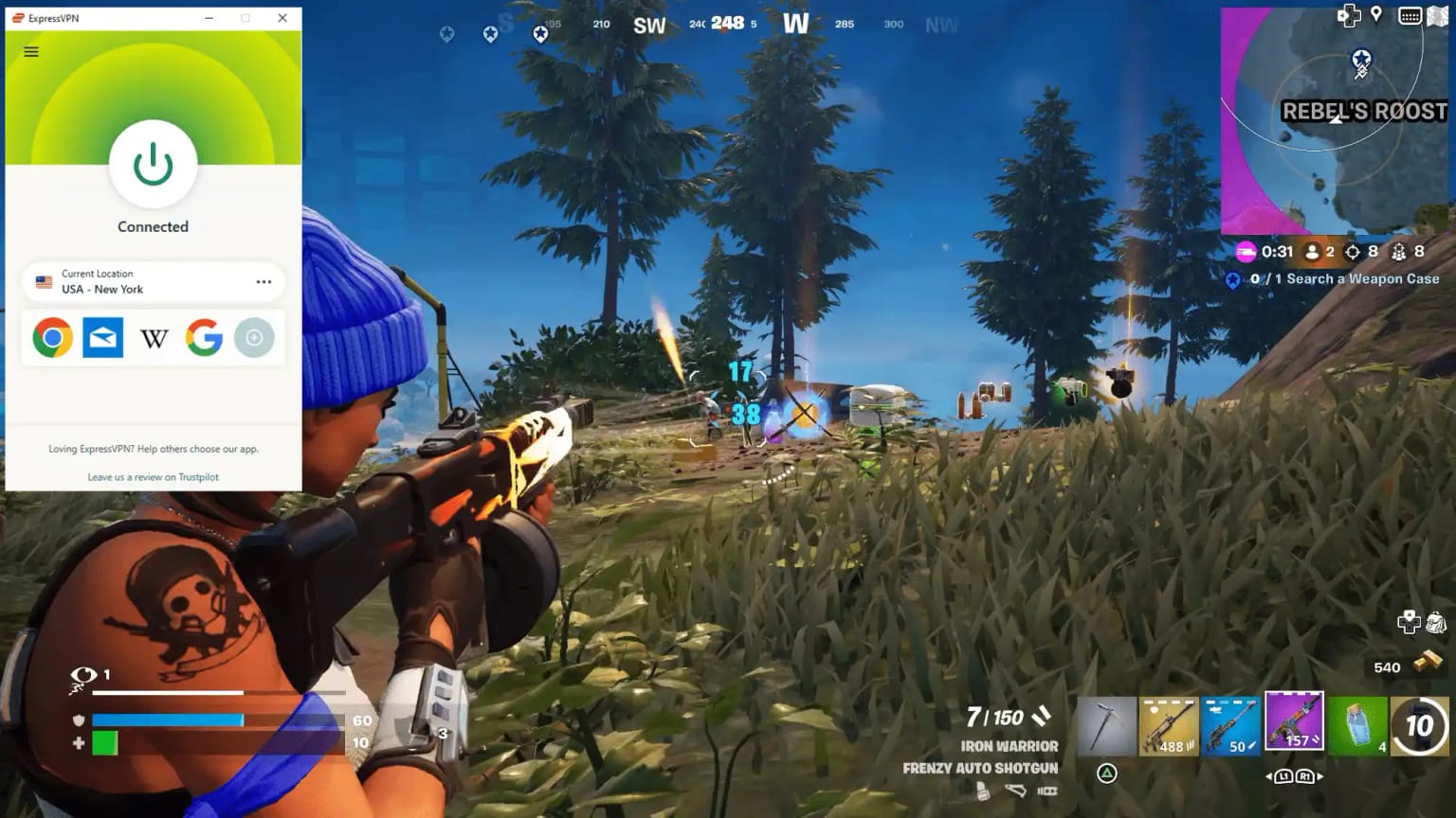 Screenshot of Fortnite on a PS5 console while connected to an ExpressVPN New York server.