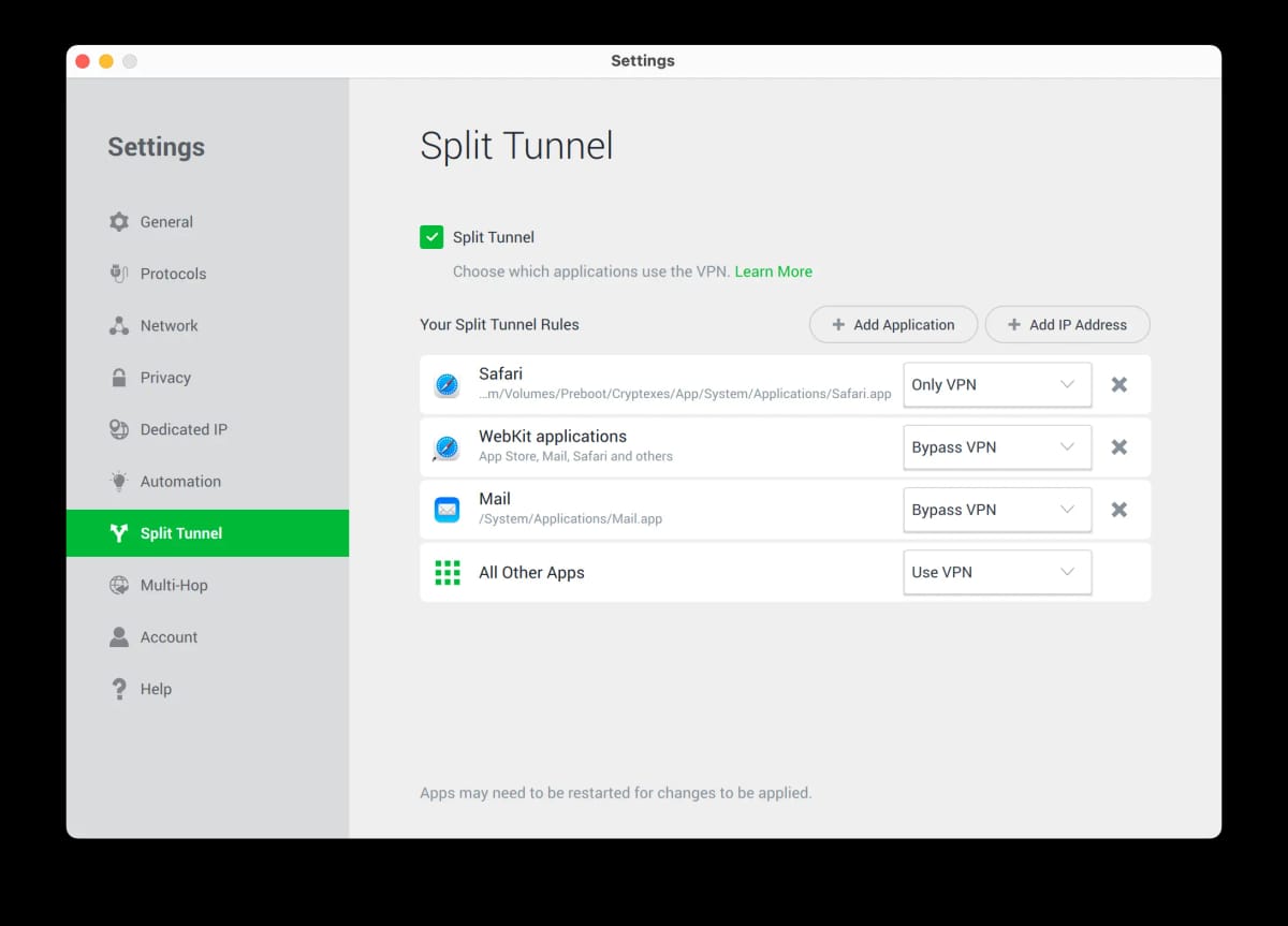 Herramienta de túnel dividido de PIA en macOS.