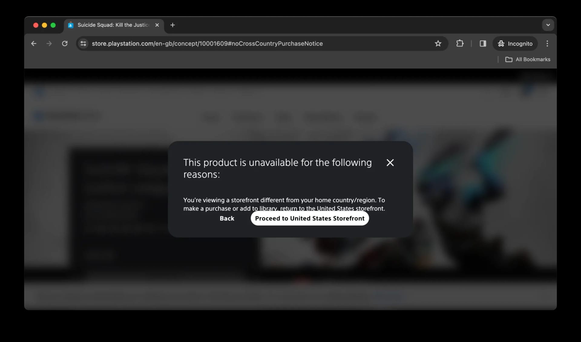 Screenshot of PlayStation Store notification saying: This product is unavailable for the following reasons: You're viewing a storefront different from your home country/region.