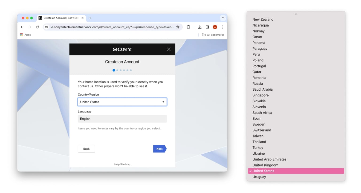 Screenshot of PSN account setup. You can choose the Country/Region and language from a drop-down menu.