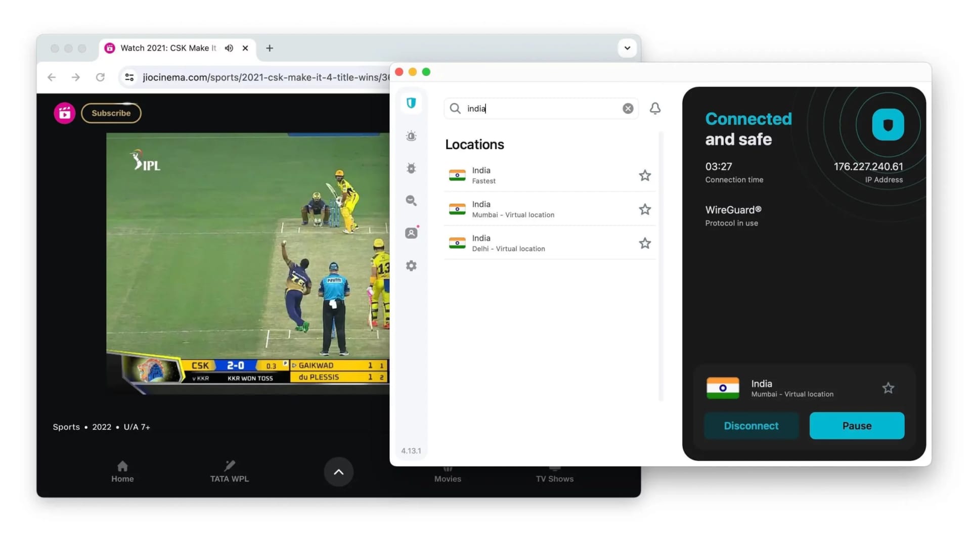 Using Surfshark with JioCinema to watch the IPL