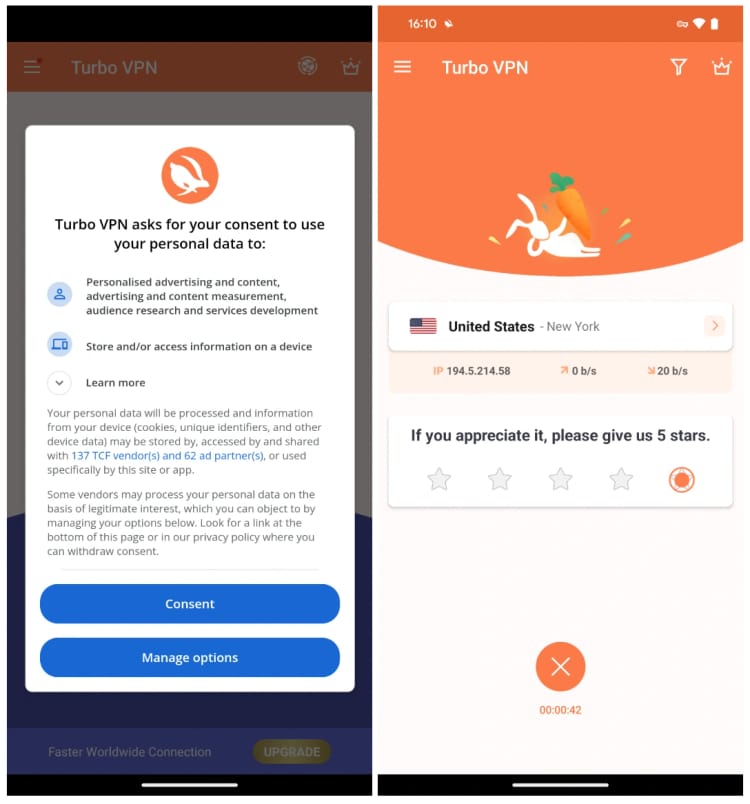 Turbo VPN's advertising policy and homepage on Android.