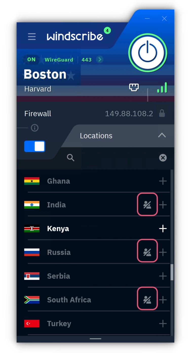 Windscribe server locations that dissuade against torrenting