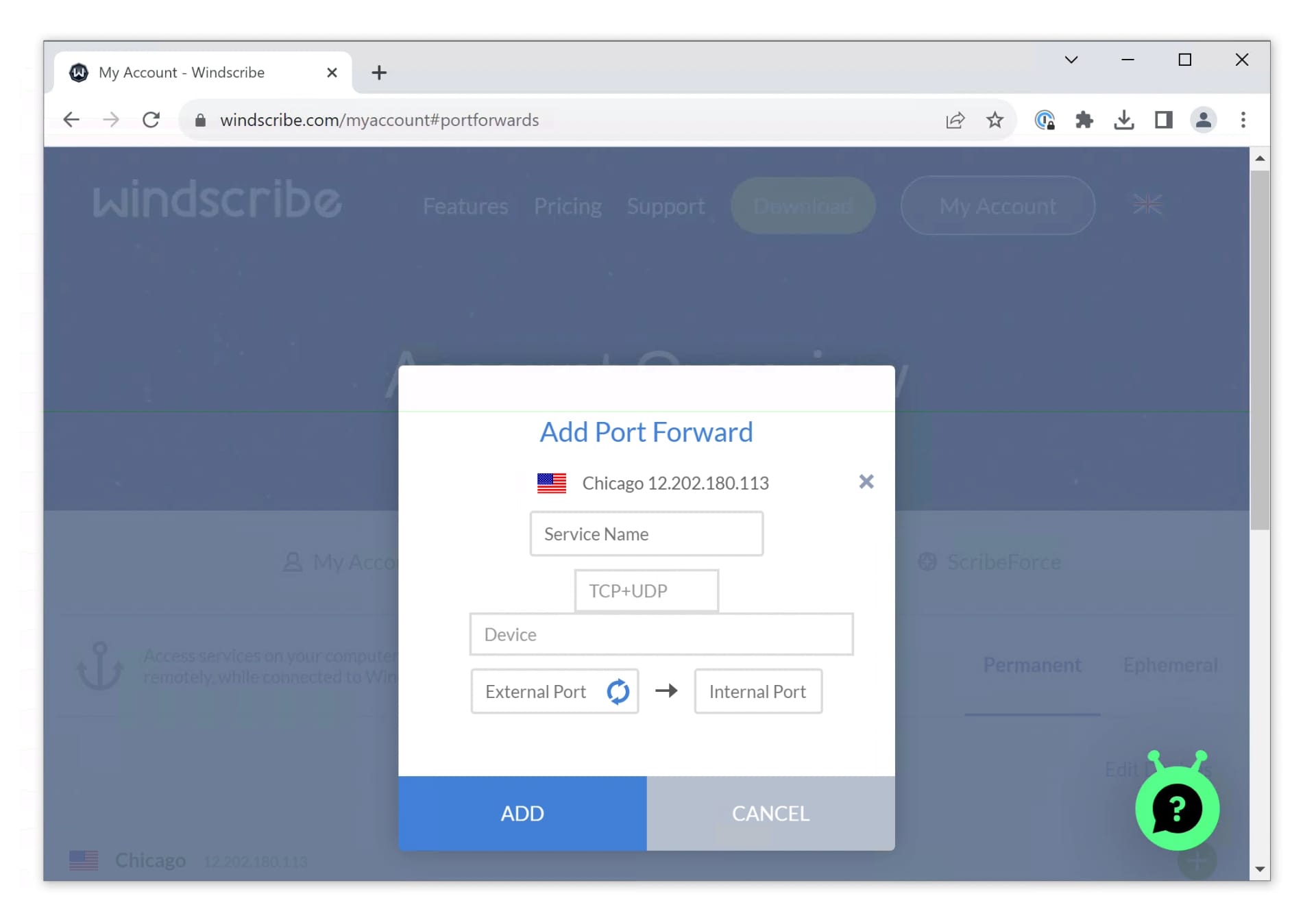 Windscribe's port forwarding feature