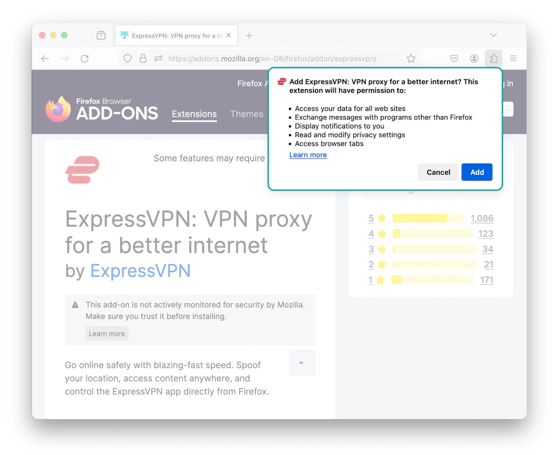 ExpressVPN Firefox extension permissions request