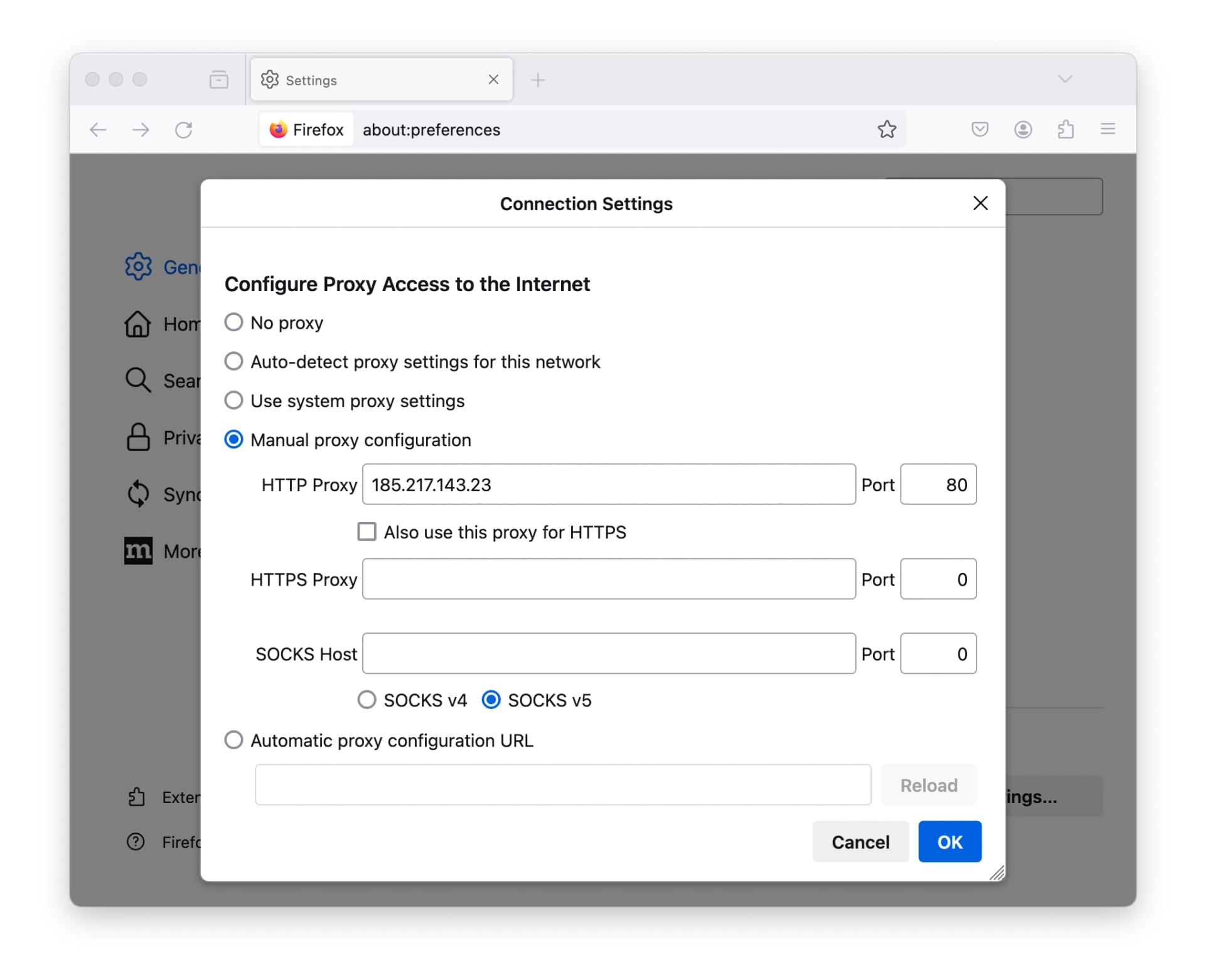 Firefox connection settings with HTTP proxy filled in