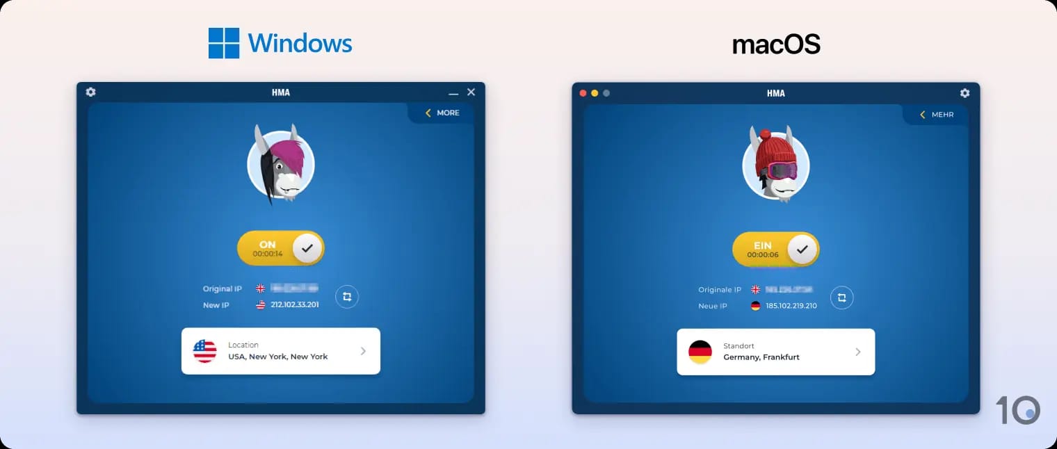 Die Windows- und macOS-Apps von HMA VPN nebeneinander