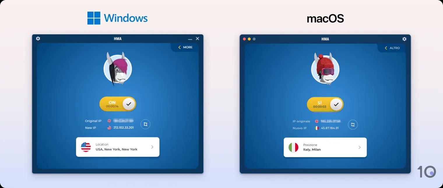 App Windows e macOS di HMA VPN affiancate