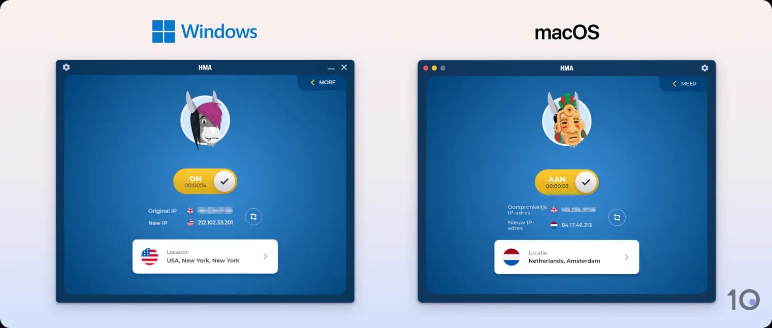 HMA VPN's Windows- en macOS-apps naast elkaar